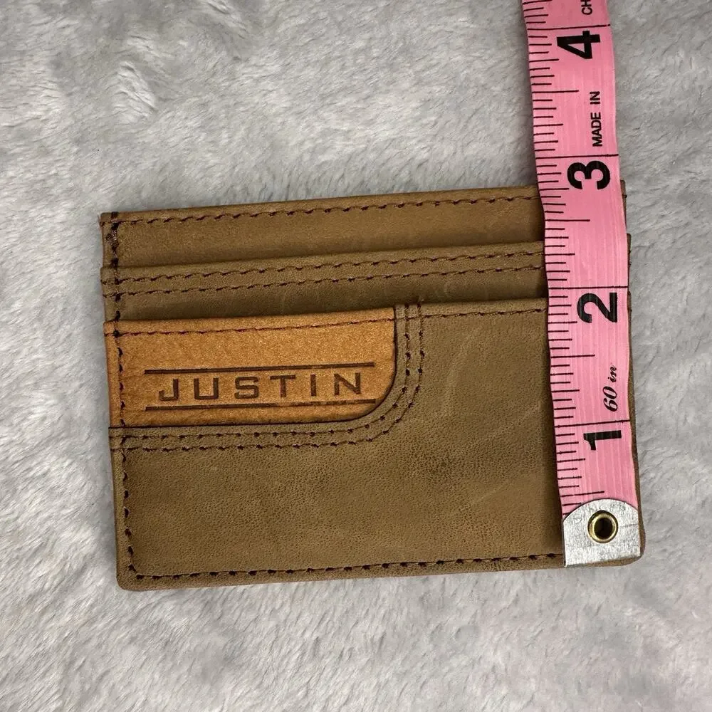 Justin Card Wallet Genuine‎ Suede Leather Tan Brown Logo Justin Boots Cowboy